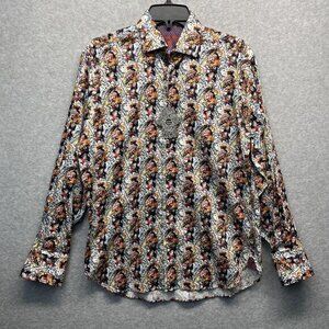 Visconti Black Shirt Mens Small‎ Allover Print Cotton Stretch Button Down